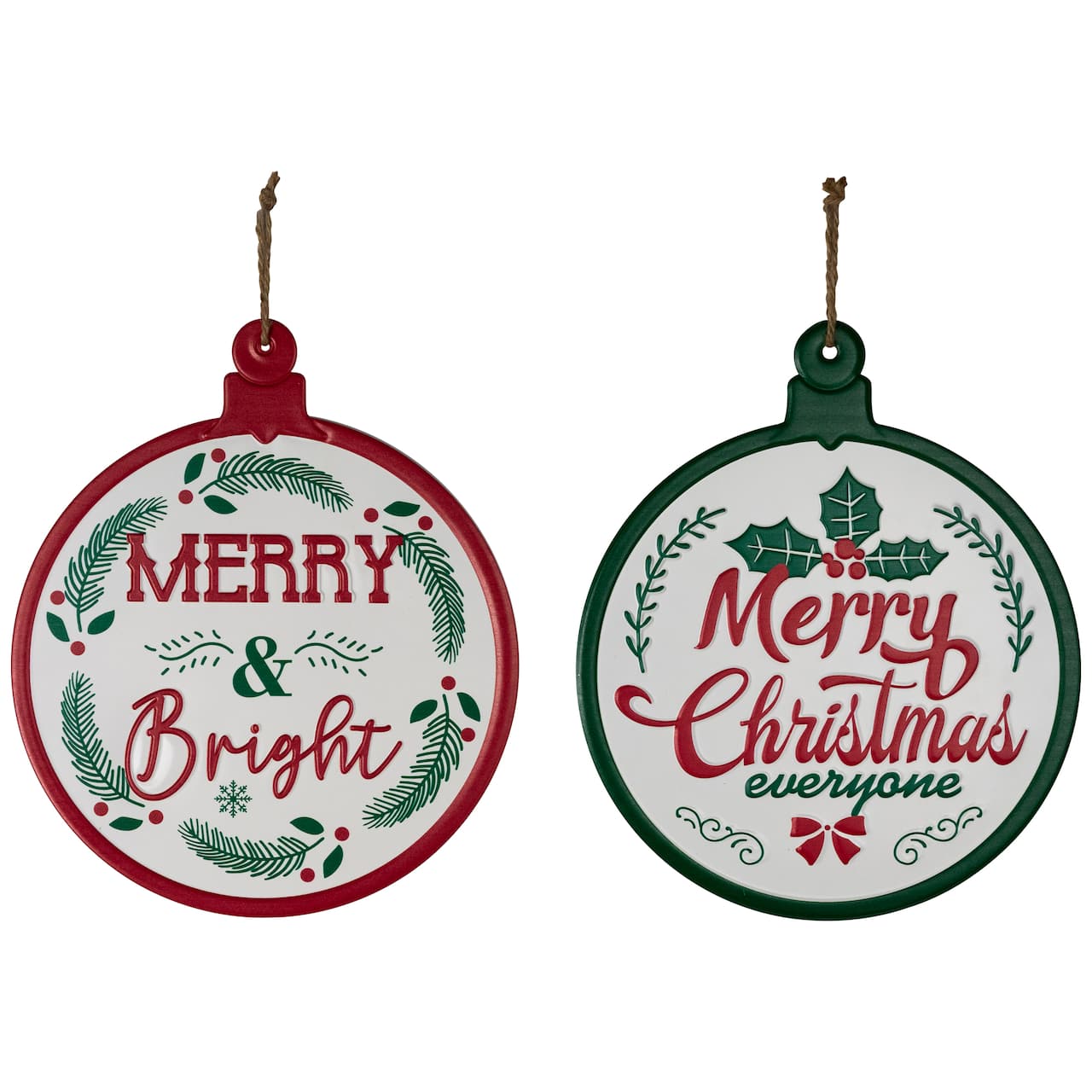 Merry and Bright Ornament Style Metal Christmas Wall Signs - 14" - Red and Green - Set of 2